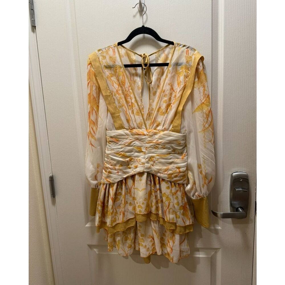 MASAVI Leafs Pleated Short Mini Dress In Mustard Cocktail Party Dress Size S NWT - Picture 5 of 7